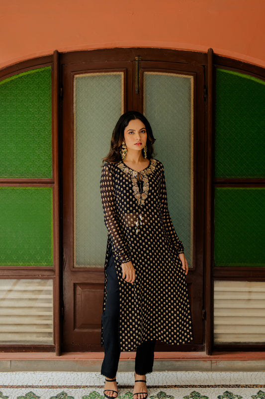 Black Printed & Embroidered Georgette Kurta Set