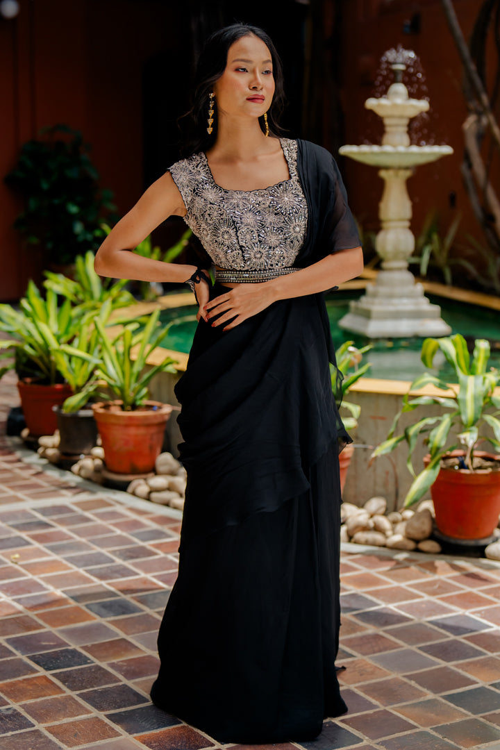 Black Embroidered Organza Pre-Draped Ruffle Saree Set