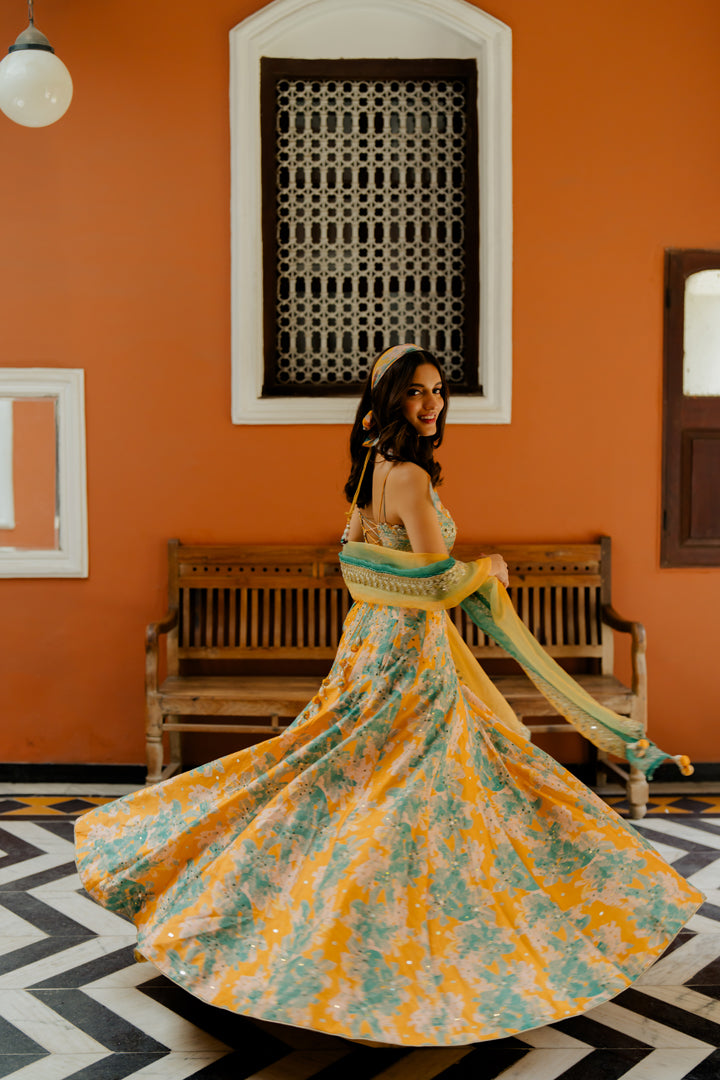 Mango Printed & Embroidered Silk Lehenga Set