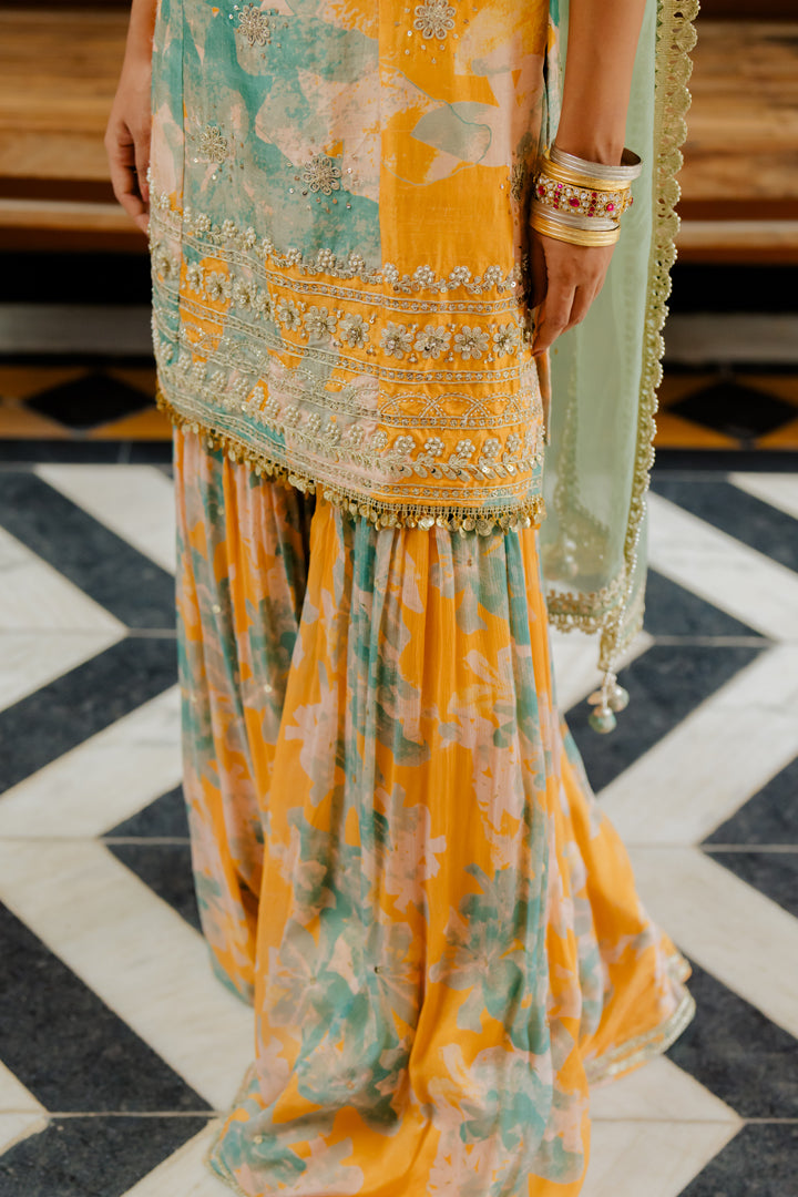 Mango Printed & Embroidered Silk Sharara Set