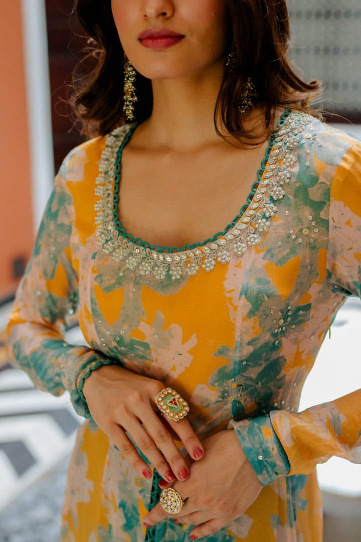 Mango Printed & Embroidered Chiffon Kurta Set