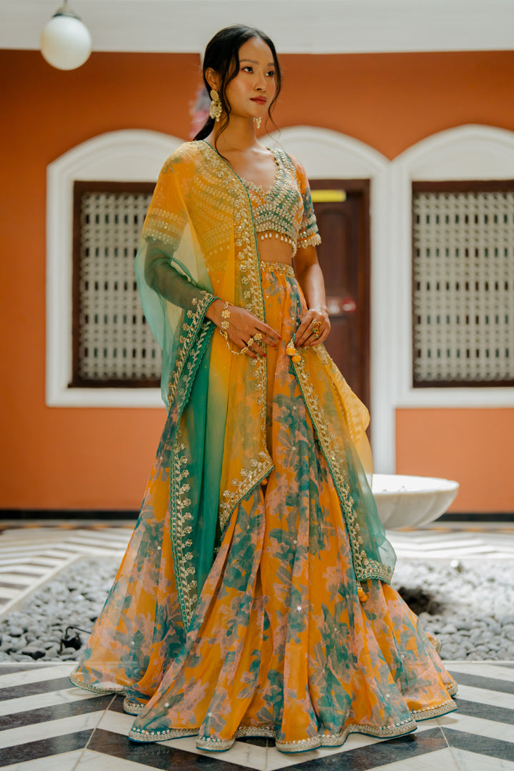 Mustard Printed & Embroidered Organza Lehenga Set