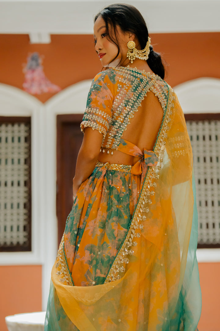 Mustard Printed & Embroidered Organza Lehenga Set