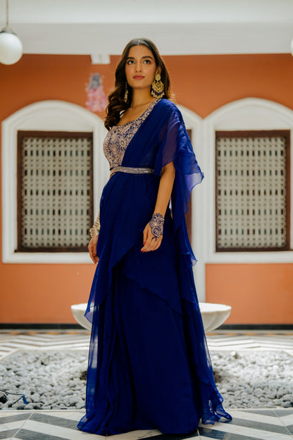 Ink Blue Embroidered Organza Pre-Draped Ruffle Saree Set