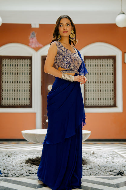 Ink Blue Embroidered Organza Pre-Draped Ruffle Saree Set