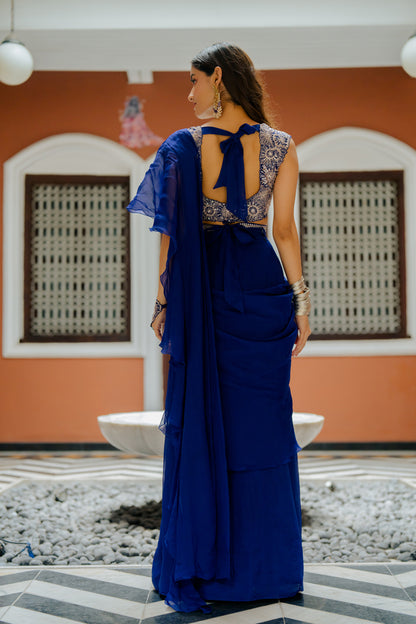 Ink Blue Embroidered Organza Pre-Draped Ruffle Saree Set