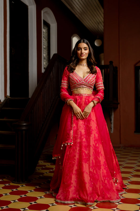 Fuchsia Printed & Embroidered Organza Lehenga Set