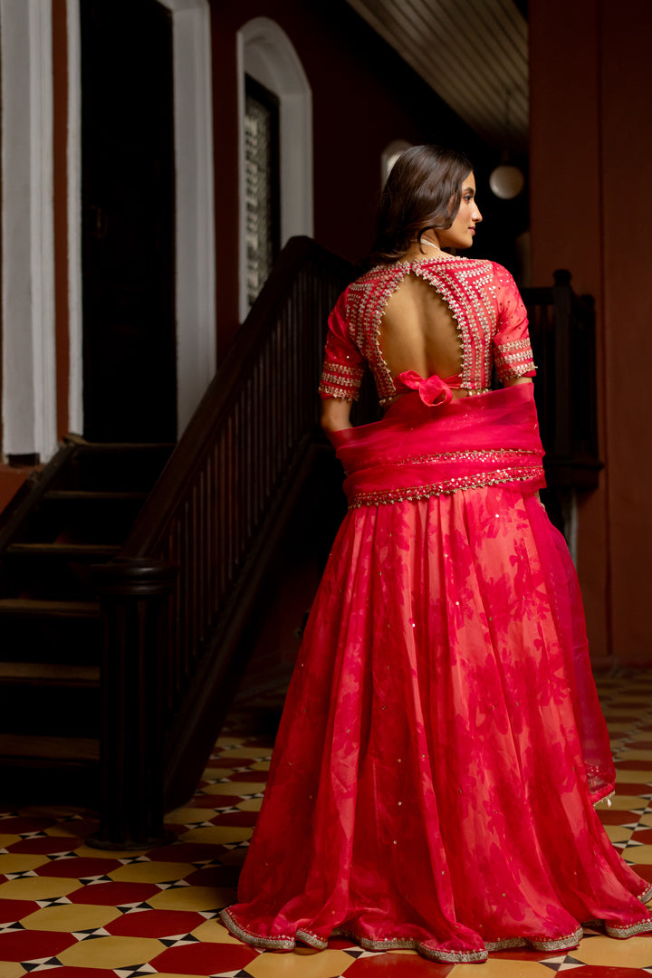 Fuchsia Printed & Embroidered Organza Lehenga Set