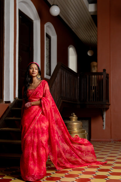 Fuchsia Printed & Embroidered Organza Saree Set