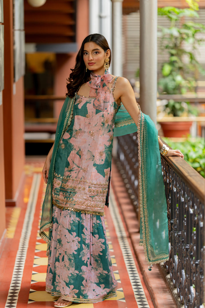 Green Printed & Embroidered Silk Sharara Set