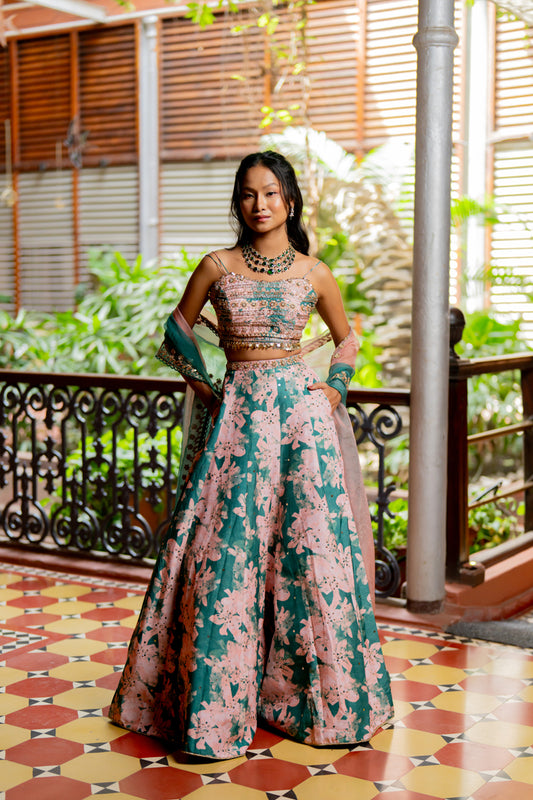 Green Printed & Embroidered Silk Lehenga Set