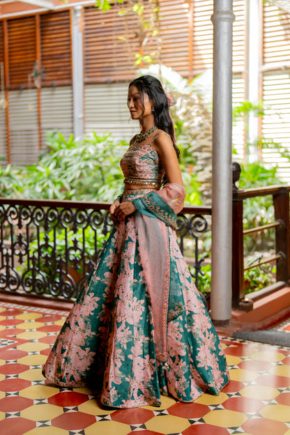 Green Printed & Embroidered Silk Lehenga Set