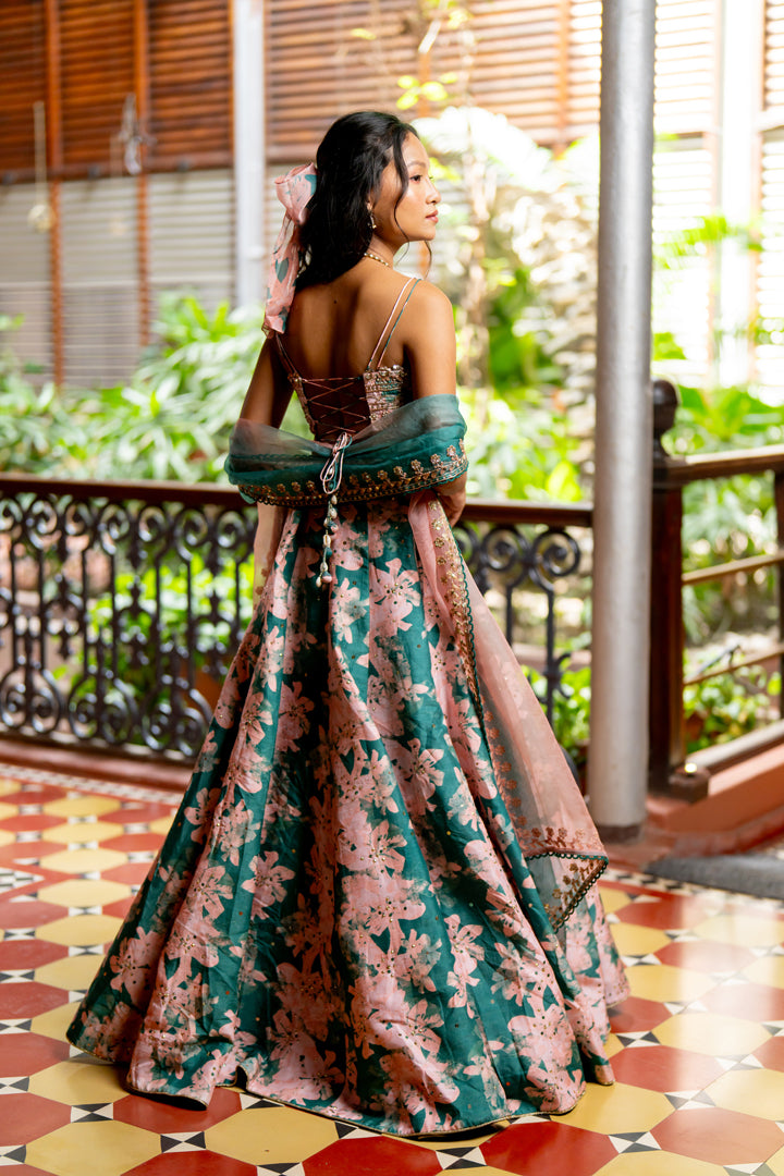 Green Printed & Embroidered Silk Lehenga Set