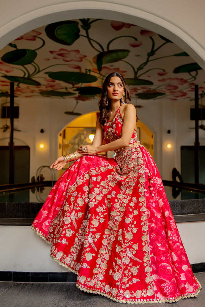 Cherry Red Printed & Embroidered Concept Lehenga Set