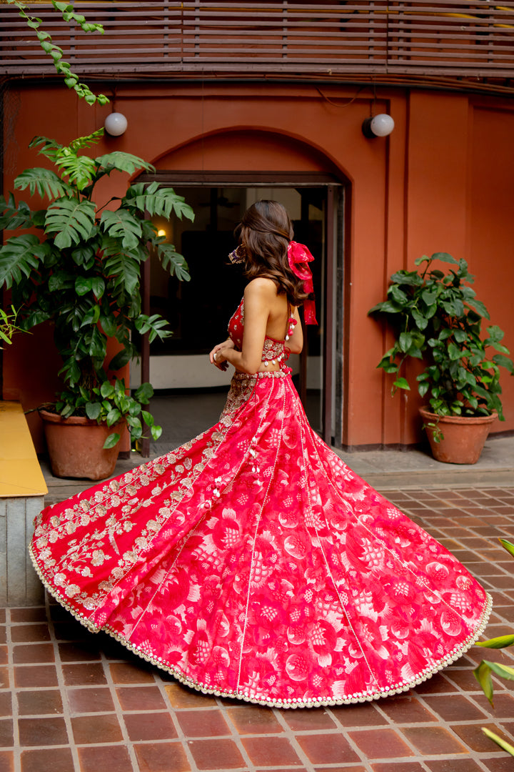 Cherry Red Printed & Embroidered Concept Lehenga Set