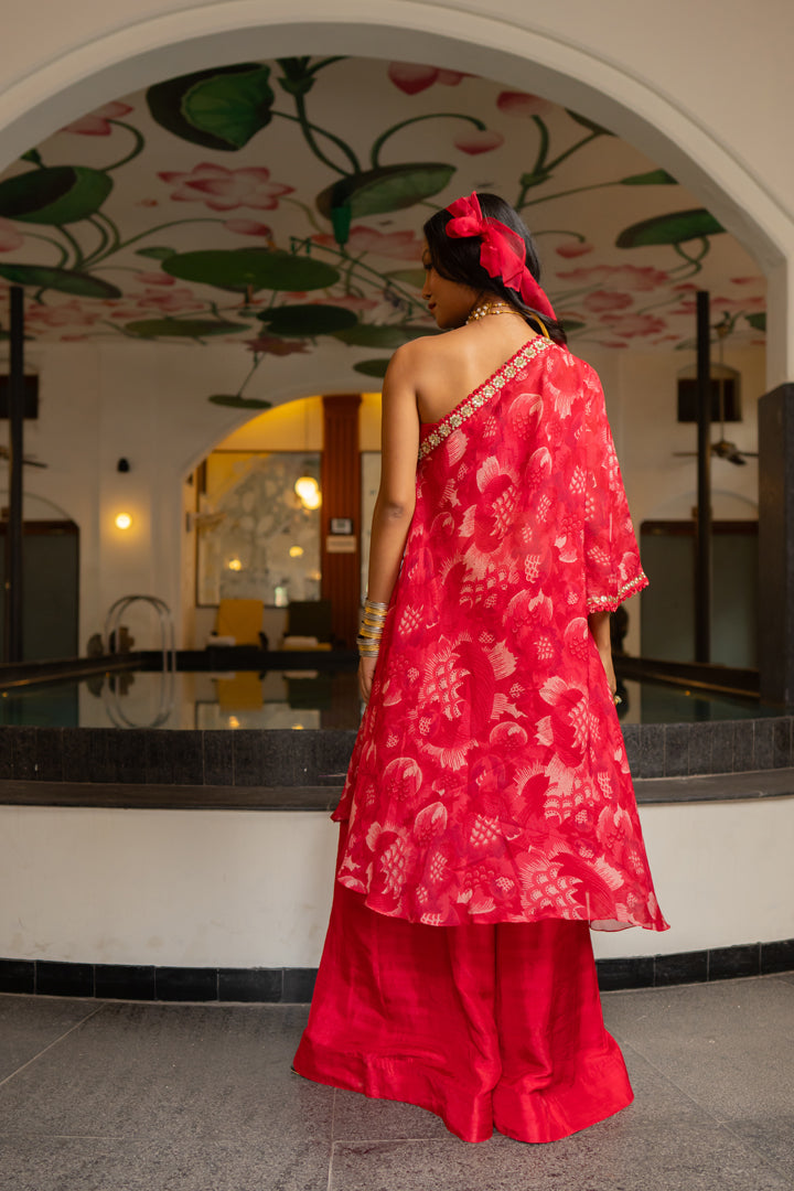 Cherry Red Printed Organza One Shoulder Kaftan Set