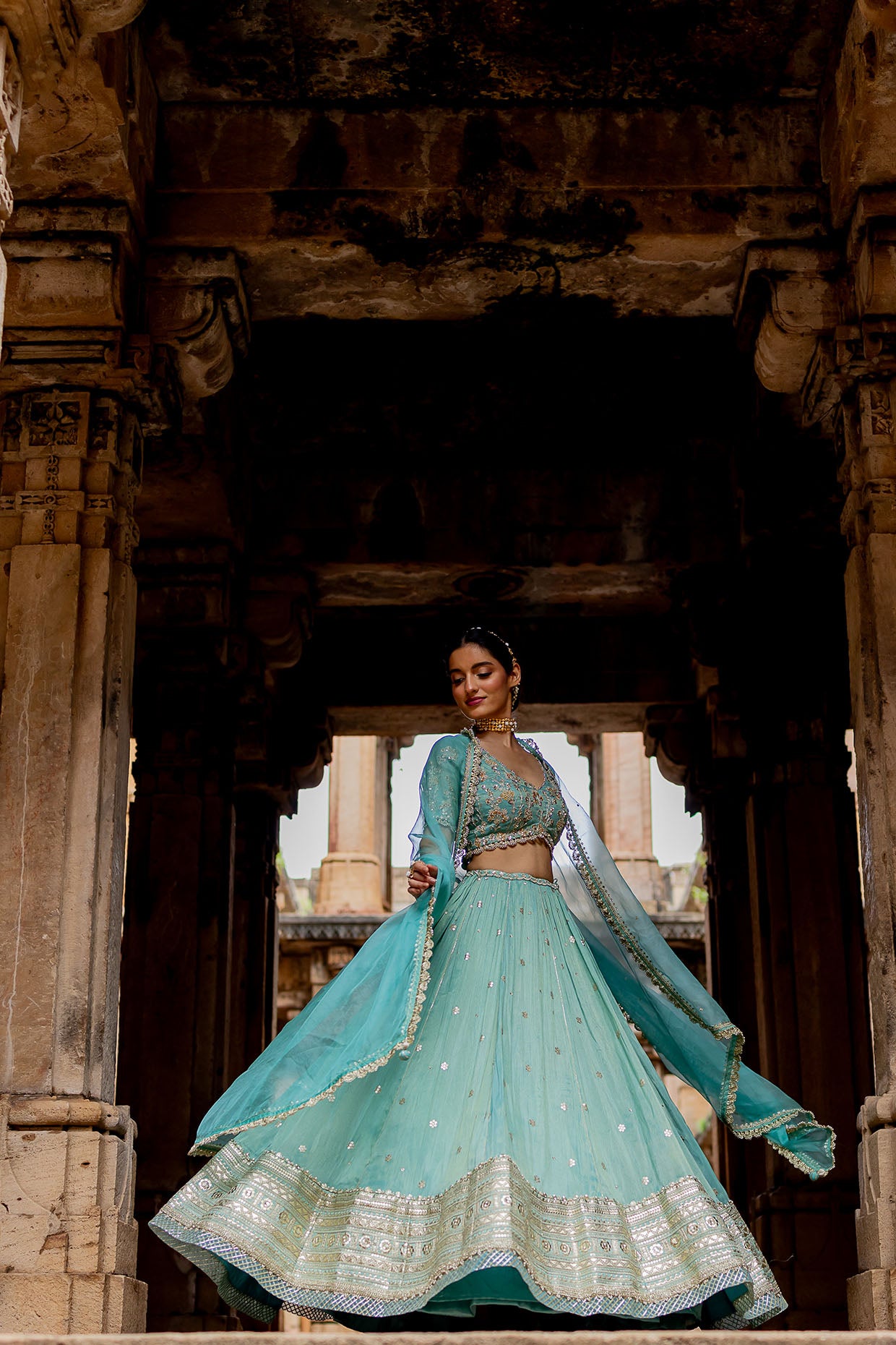 Sky Blue Tissue Embroidered Lehenga Set