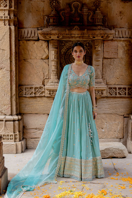 Sky Blue Tissue Embroidered Lehenga Set