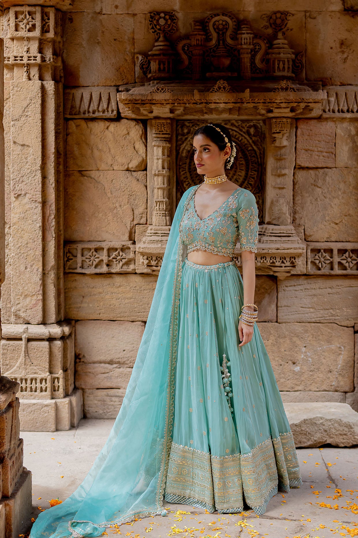 Sky Blue Tissue Embroidered Lehenga Set