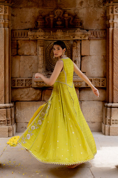 Lime Green Silk Embroidered Jacket Anarkali Set