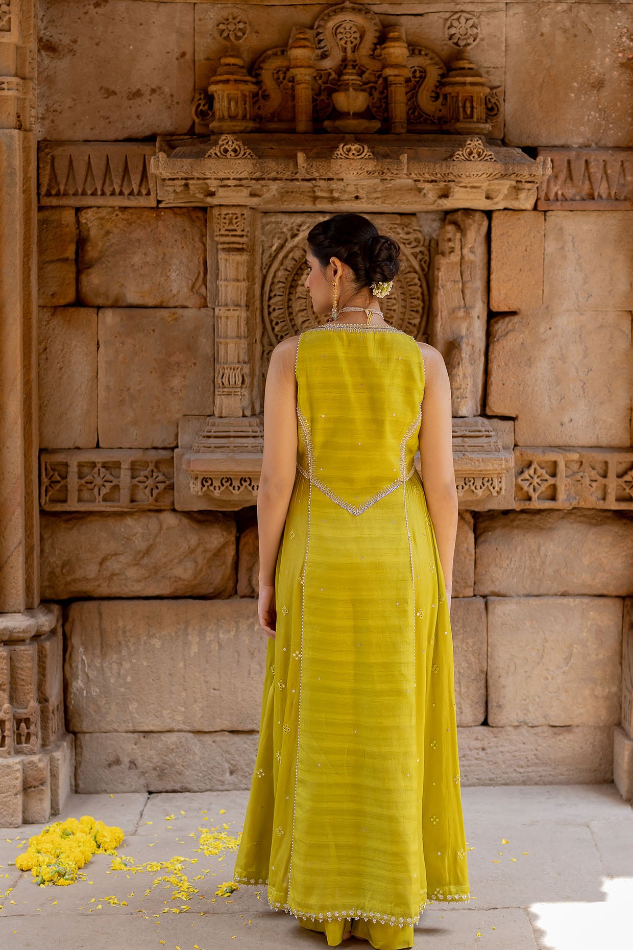 Lime Green Silk Embroidered Jacket Anarkali Set