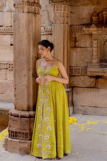 Lime Green Silk Embroidered Jacket Anarkali Set