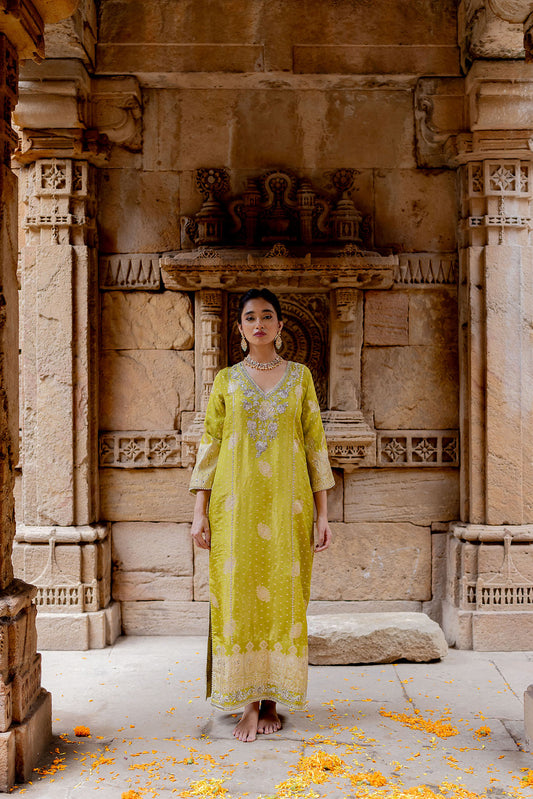 Lime Green Embroidered Tissue Kaftan