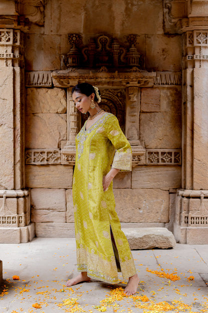 Lime Green Embroidered Tissue Kaftan