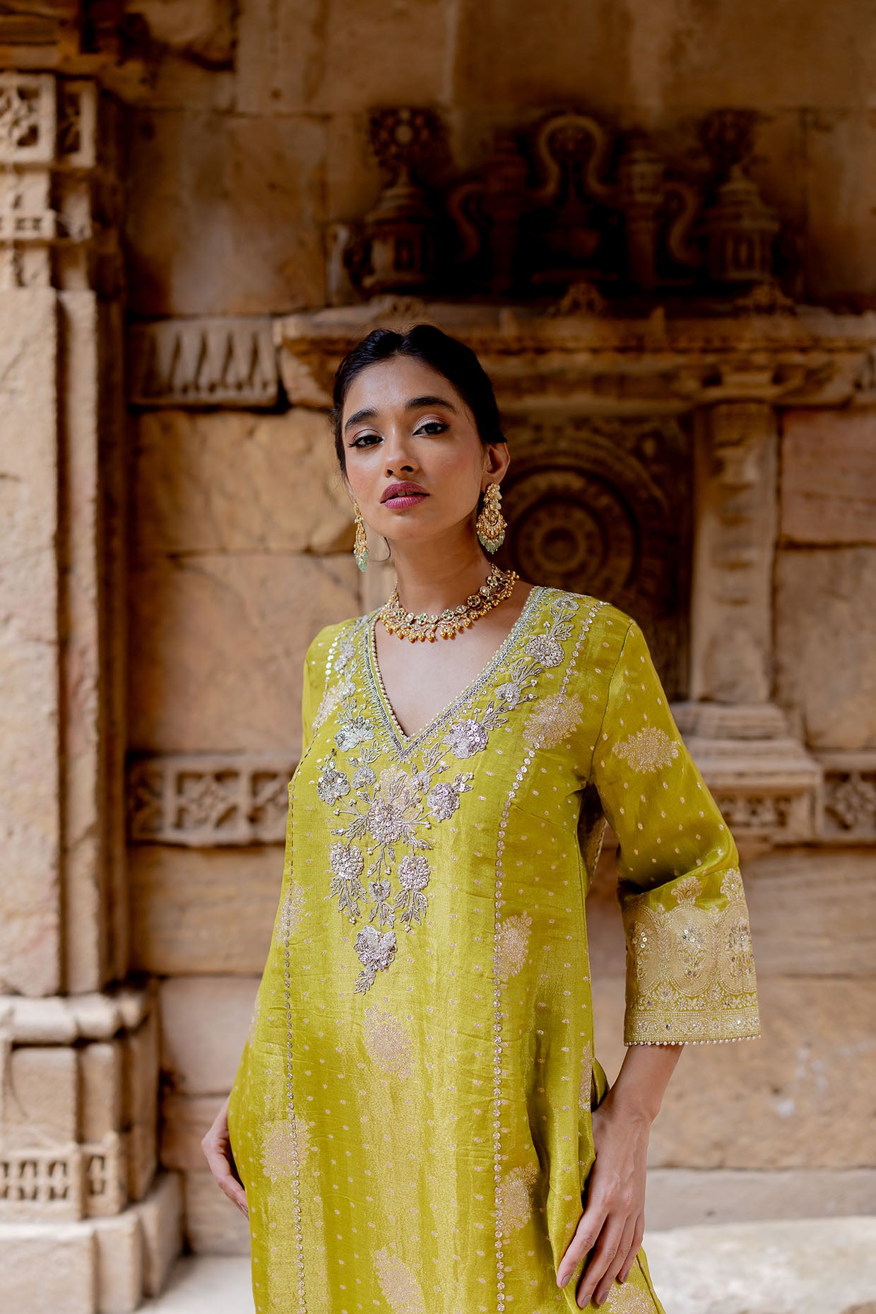 Lime Green Embroidered Tissue Kaftan