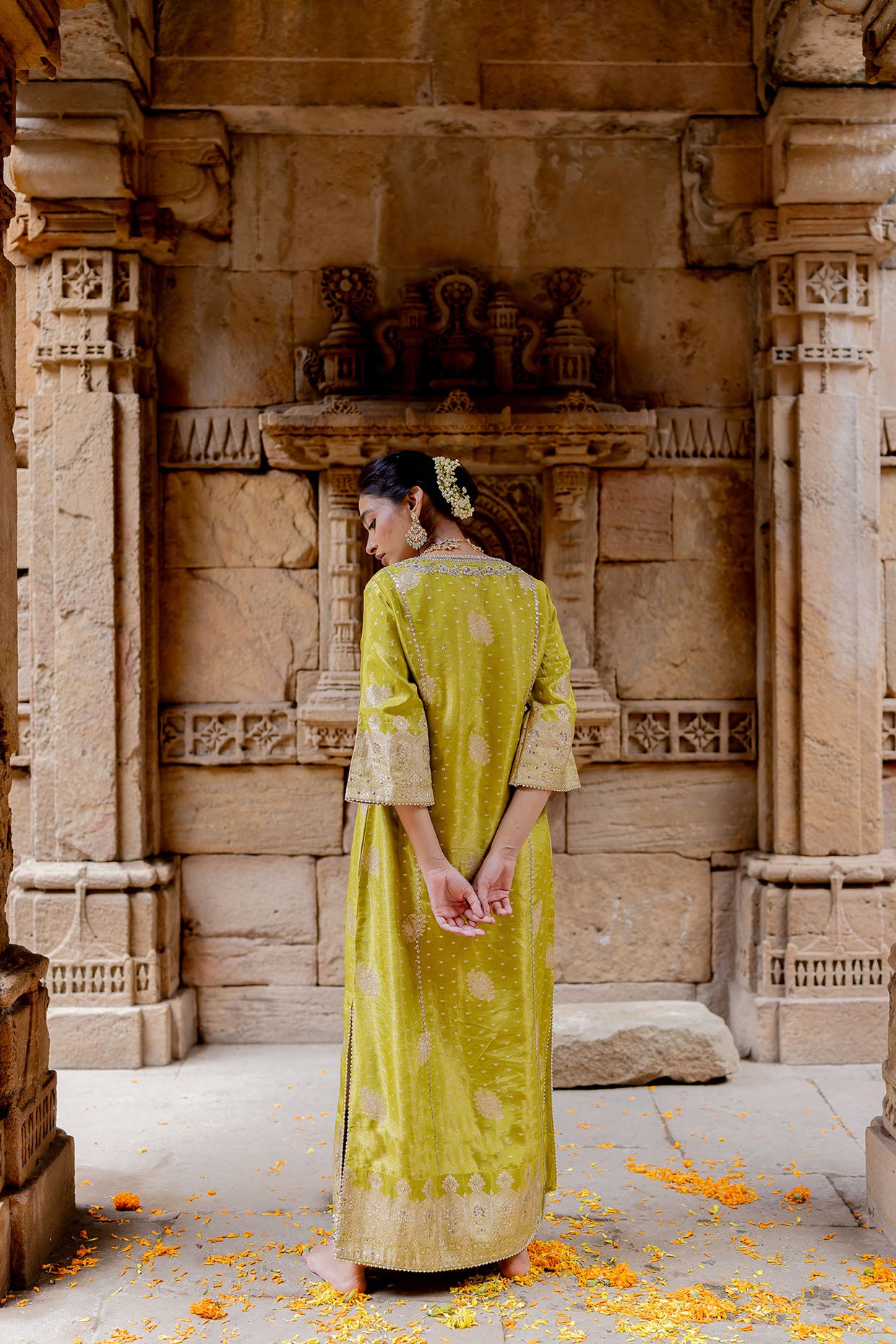 Lime Green Embroidered Tissue Kaftan