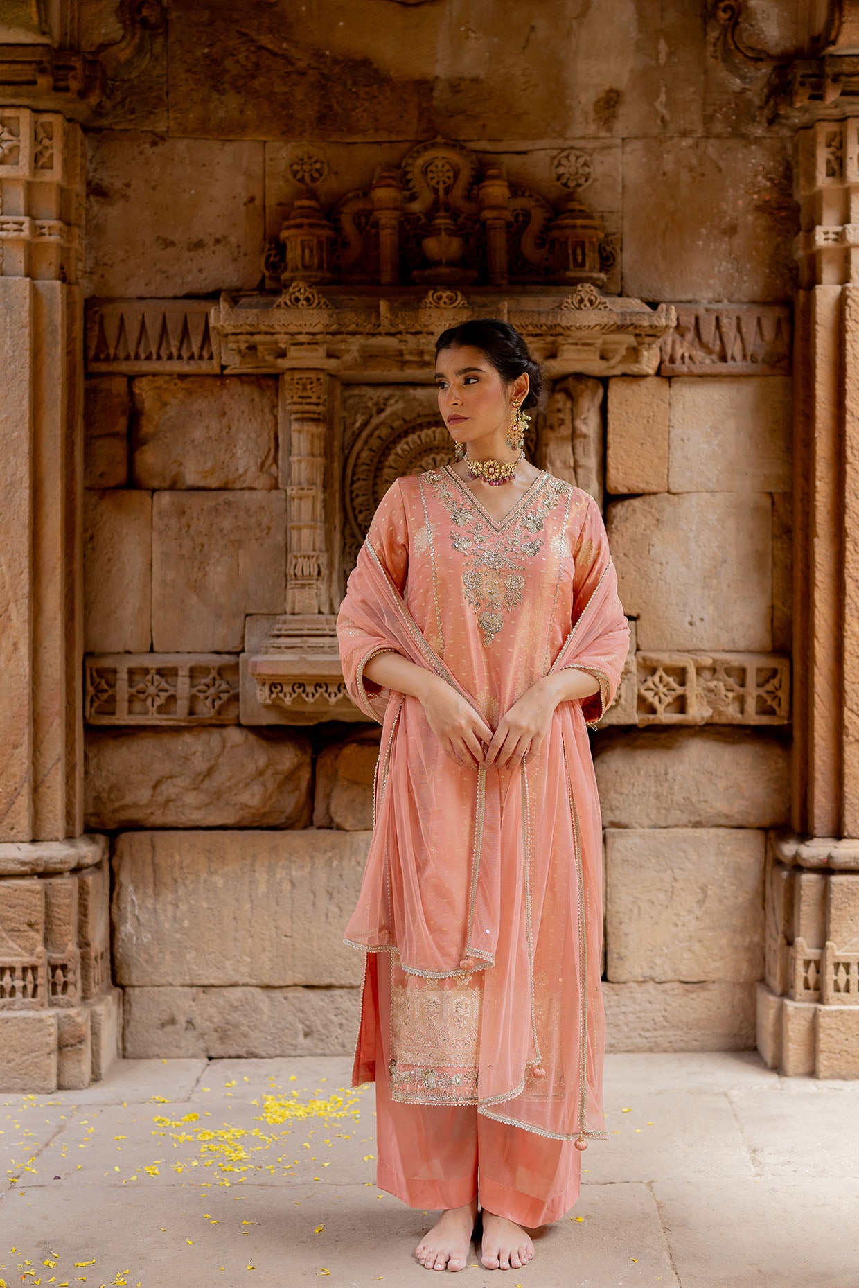 Rose Pink Embroidered Tissue Kurta Set