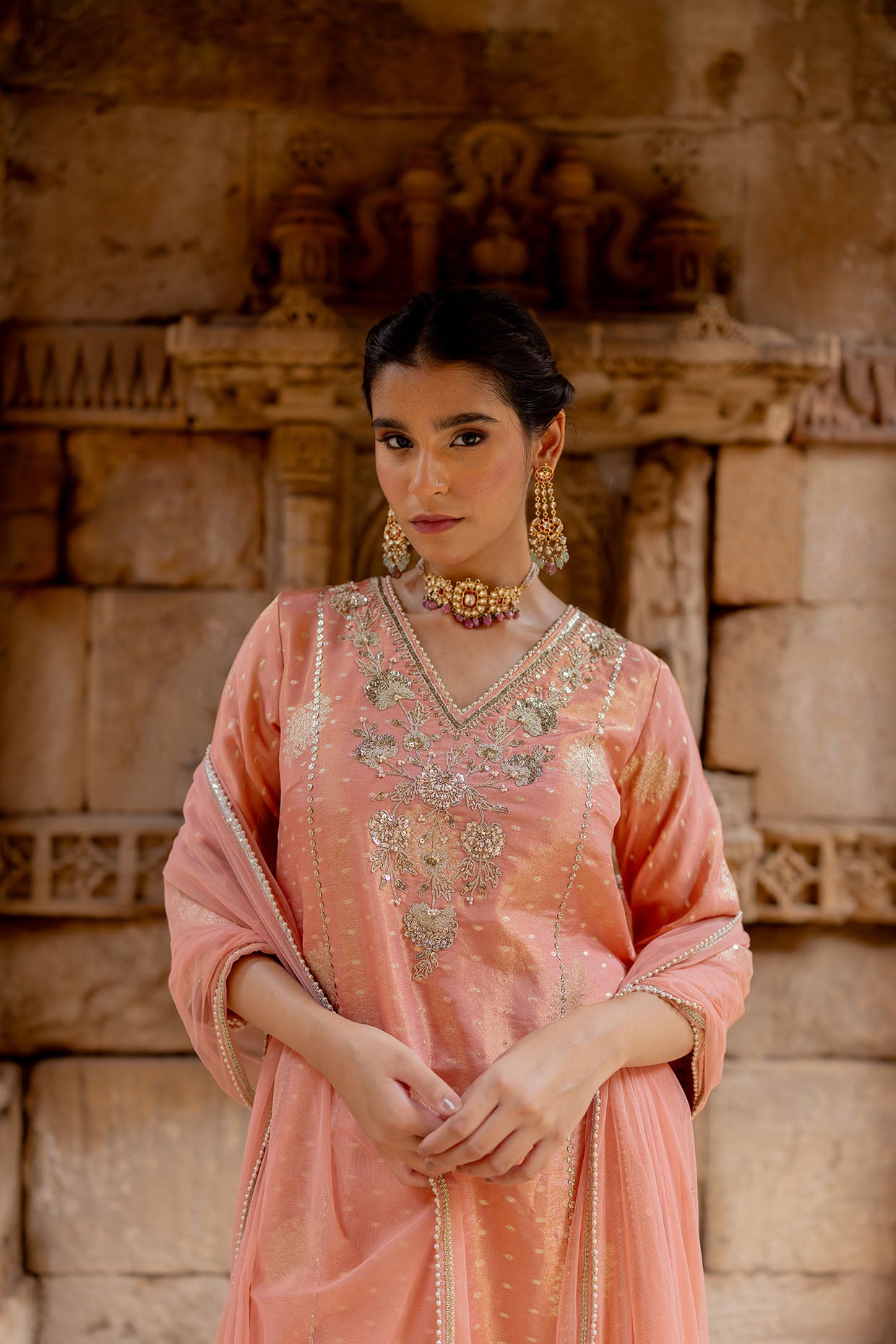 Rose Pink Embroidered Tissue Kurta Set