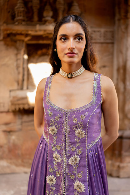 Lavender Silk Embroidered Jacket Anarkali Set