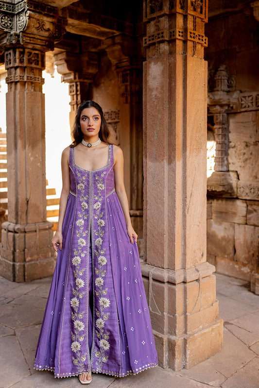 Lavender Silk Embroidered Jacket Anarkali Set