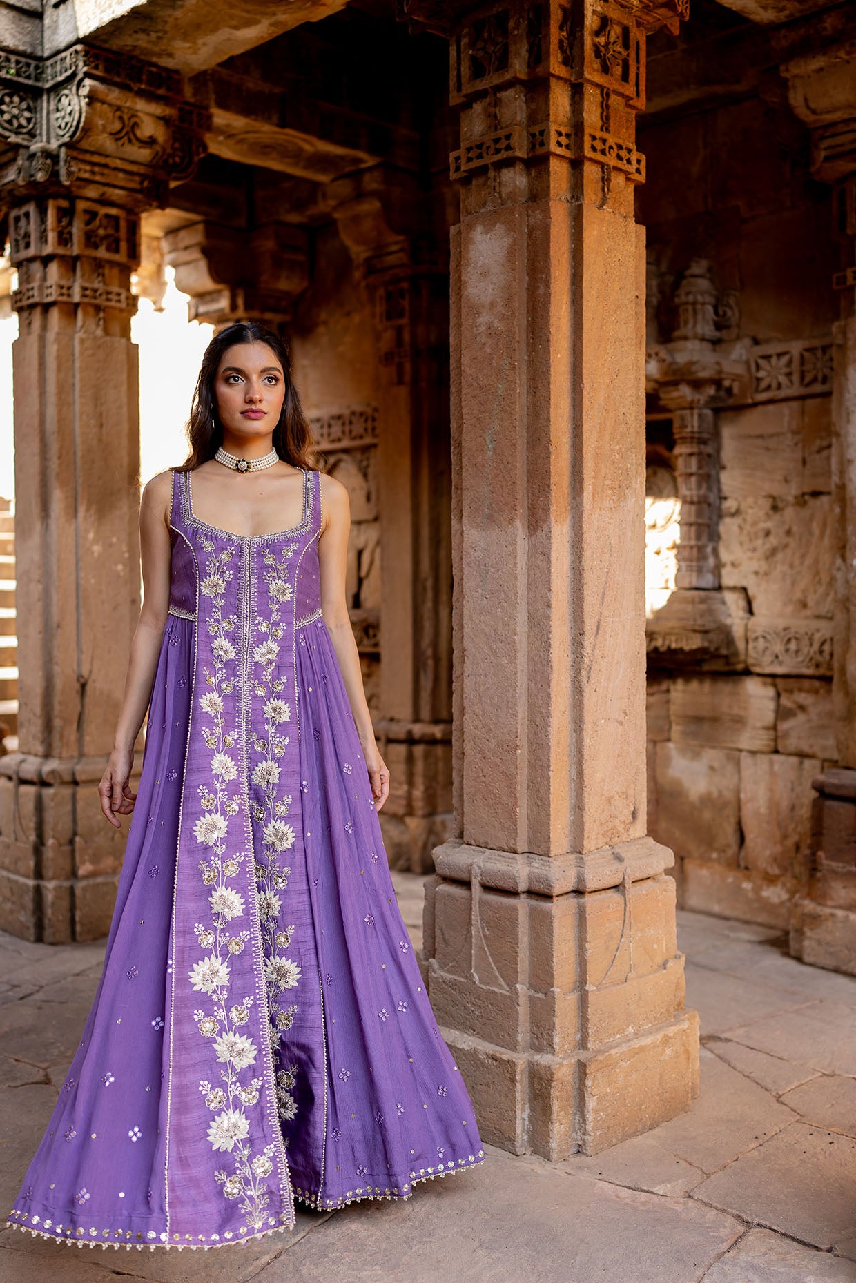 Lavender Silk Embroidered Jacket Anarkali Set