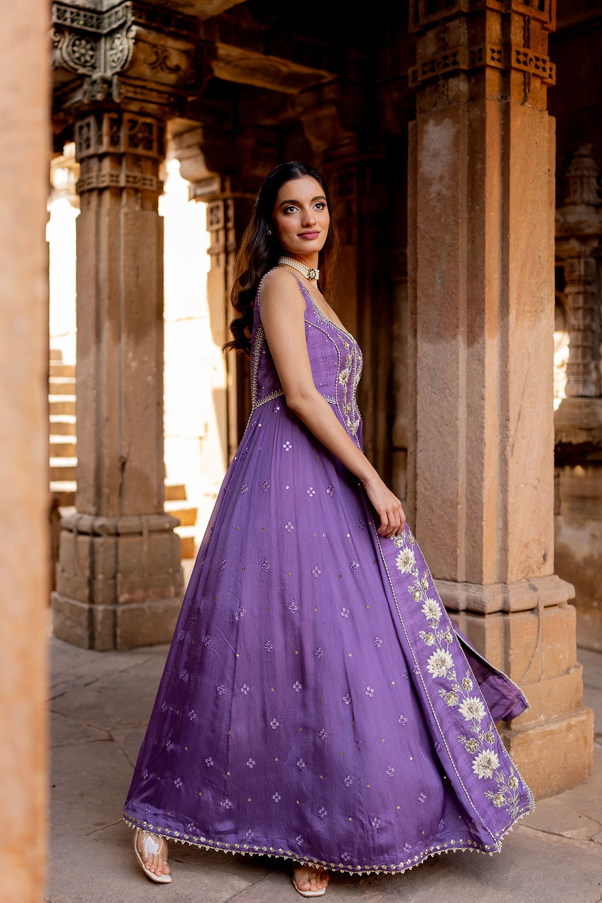 Lavender Silk Embroidered Jacket Anarkali Set