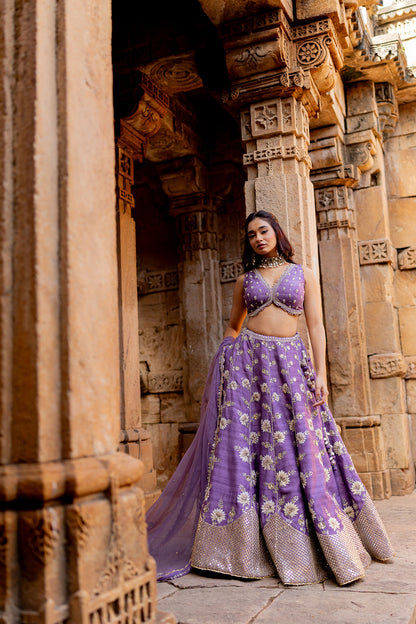 Lavender Silk Embroidered Lehenga Set