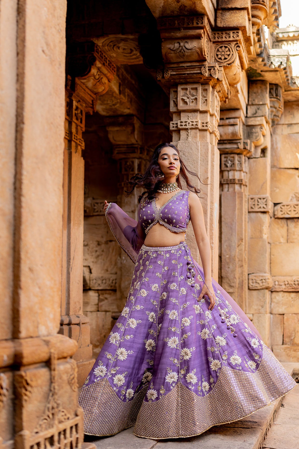 Lavender Silk Embroidered Lehenga Set