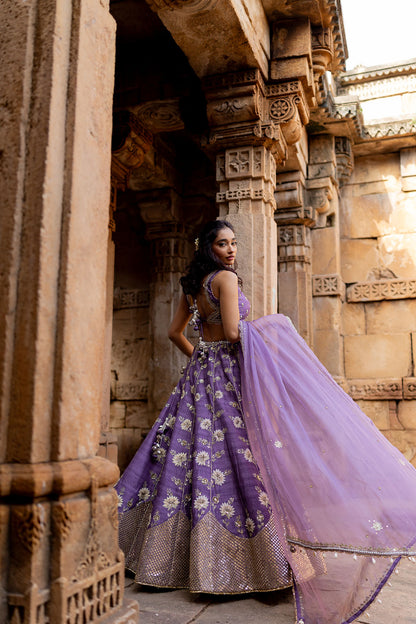 Lavender Silk Embroidered Lehenga Set