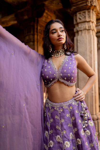 Lavender Silk Embroidered Lehenga Set