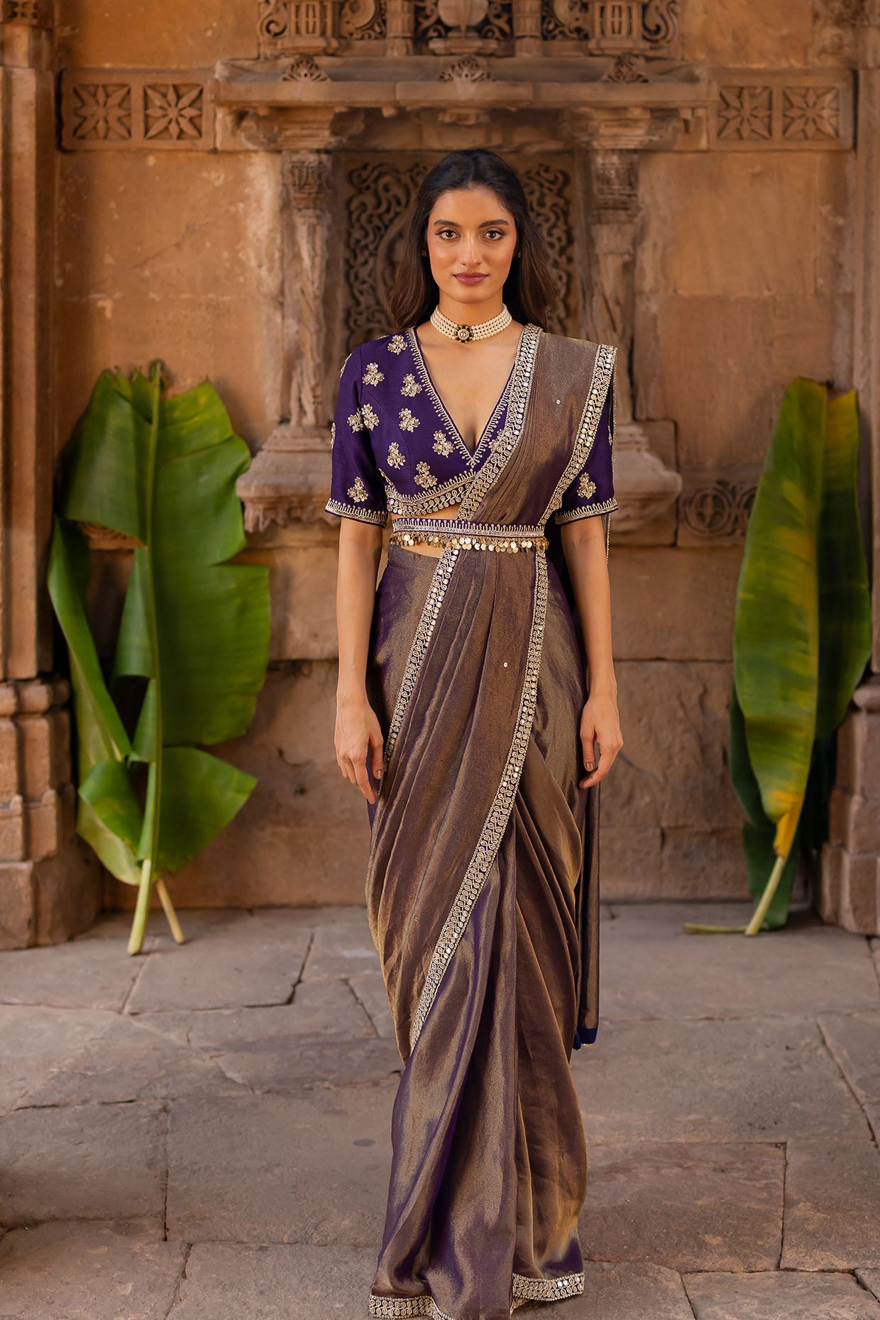 Royal Purple Embroidered Tissue Draped Saree Set