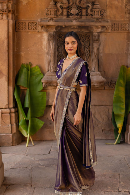 Royal Purple Embroidered Tissue Draped Saree Set