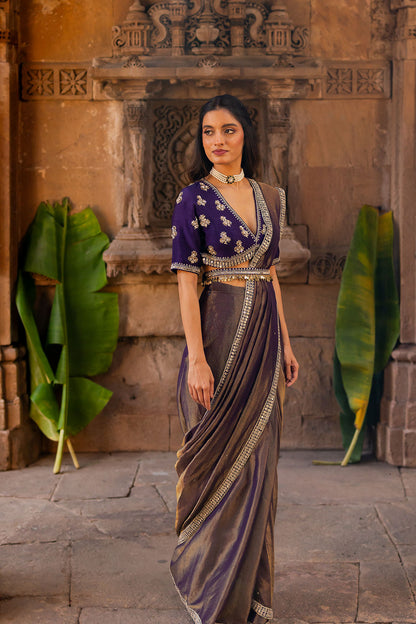 Royal Purple Embroidered Tissue Draped Saree Set