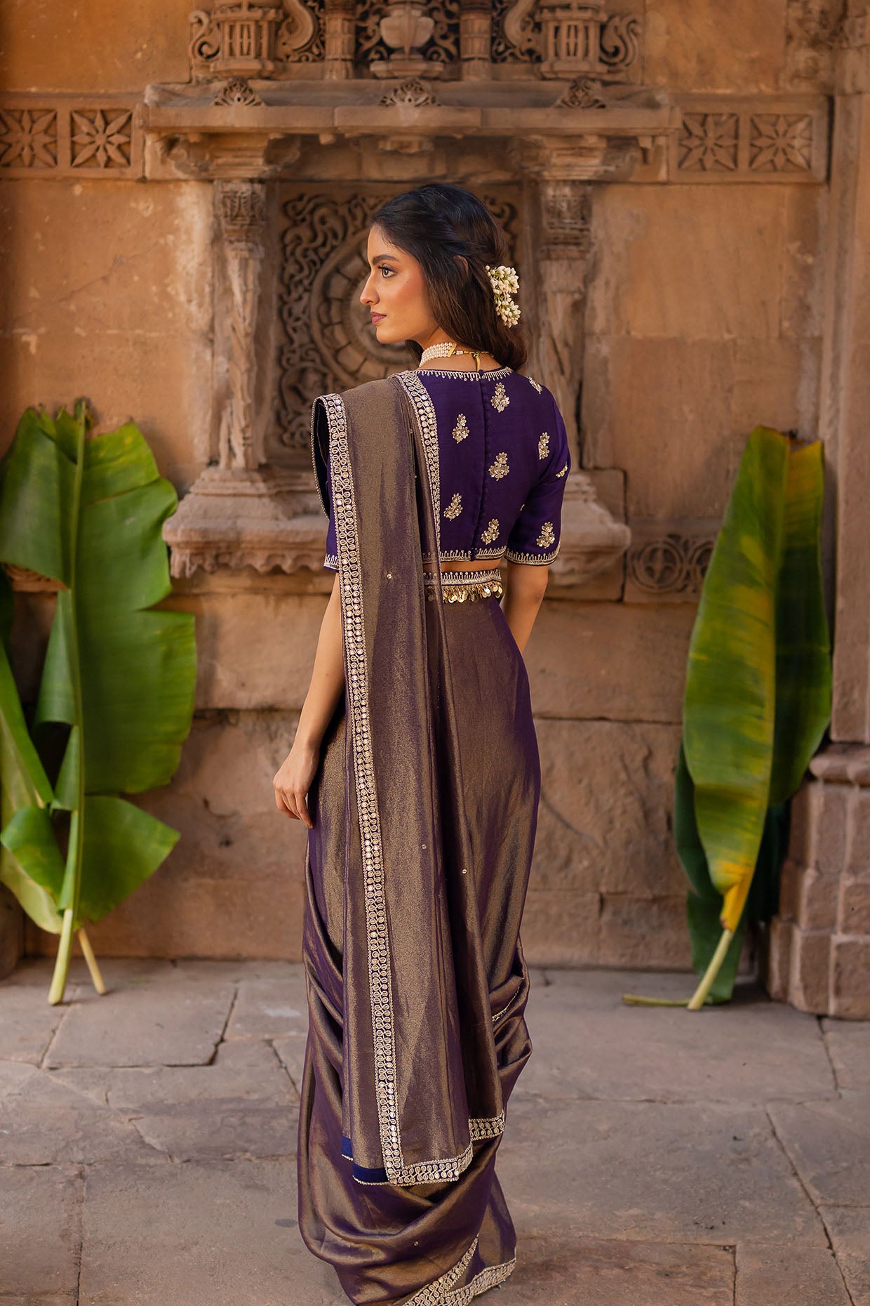 Royal Purple Embroidered Tissue Draped Saree Set