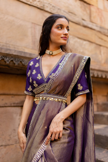 Royal Purple Embroidered Tissue Draped Saree Set