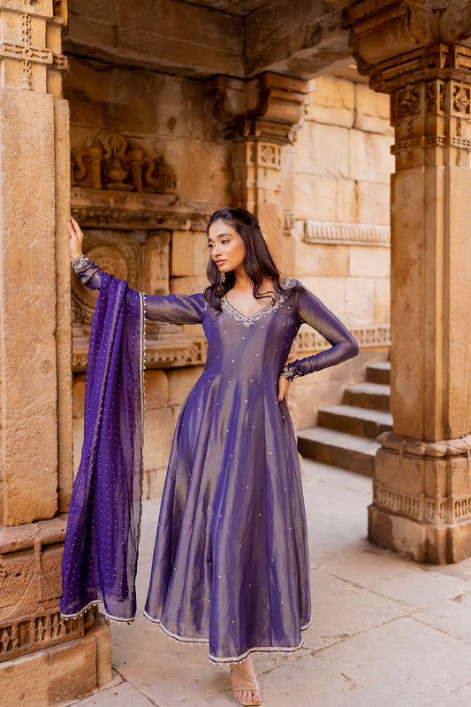 Royal Purple Tissue Embroidered Anarkali Set