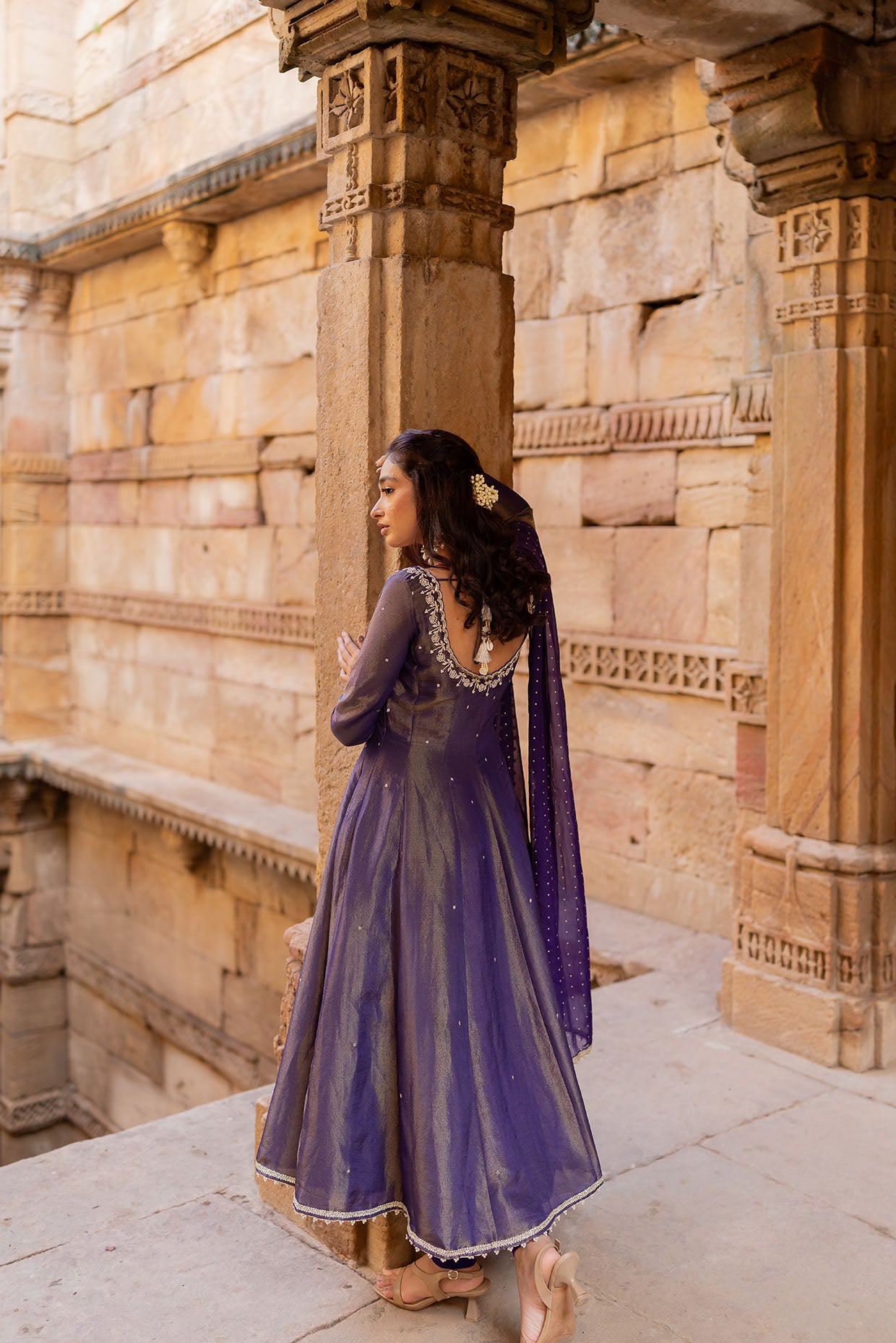 Royal Purple Tissue Embroidered Anarkali Set