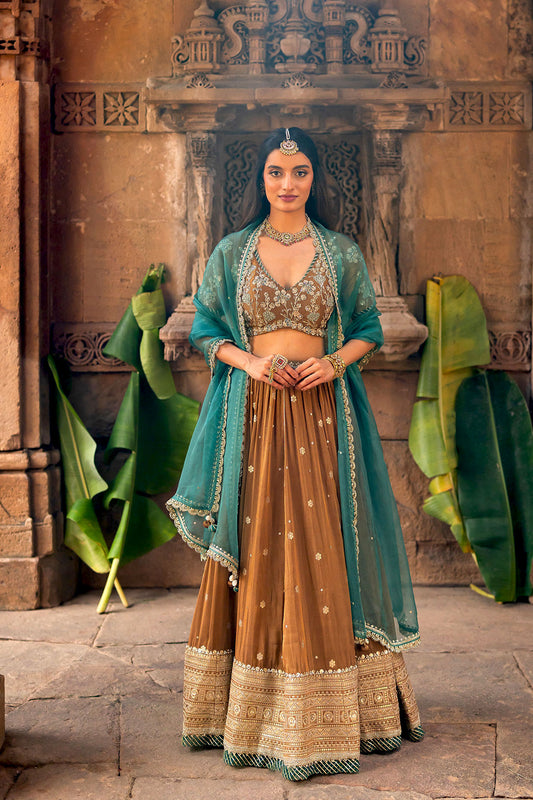 Mocha Tissue Embroidered Lehenga Set