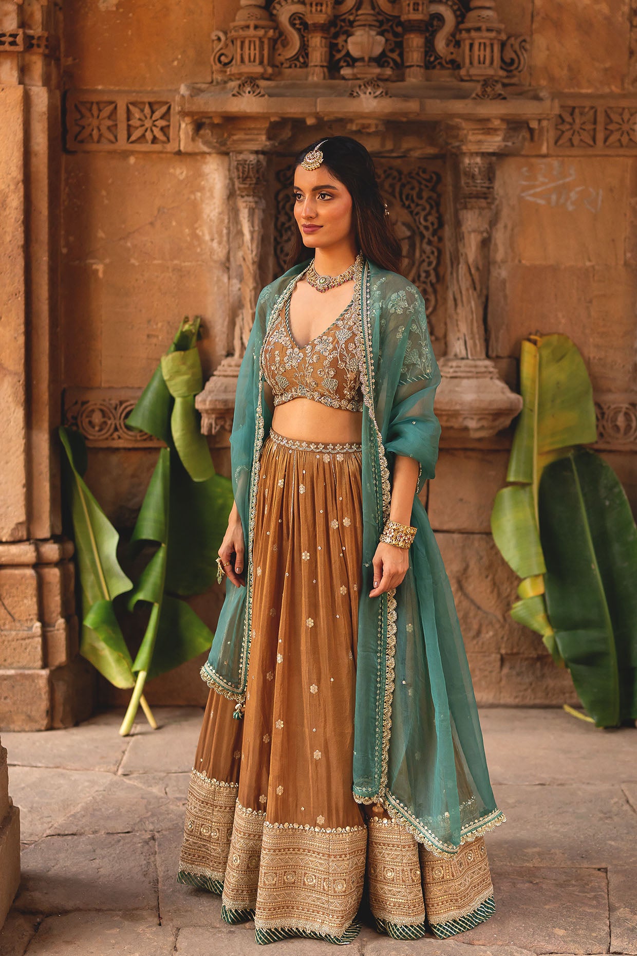 Mocha Tissue Embroidered Lehenga Set