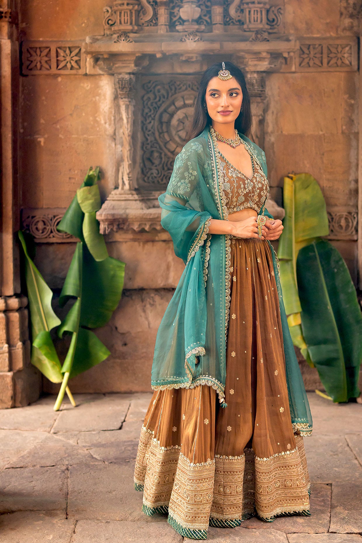 Mocha Tissue Embroidered Lehenga Set